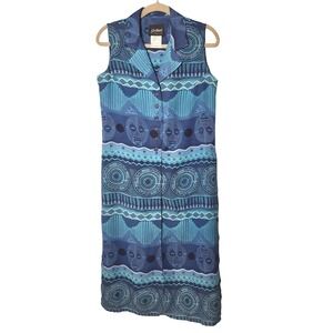 VTG Jolibel Blue Tribal Mask Print Sleeveless Button Front Coverup 10 Resortwear